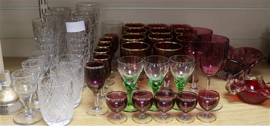 Three early glasses, soda glasses and cranberry glasses